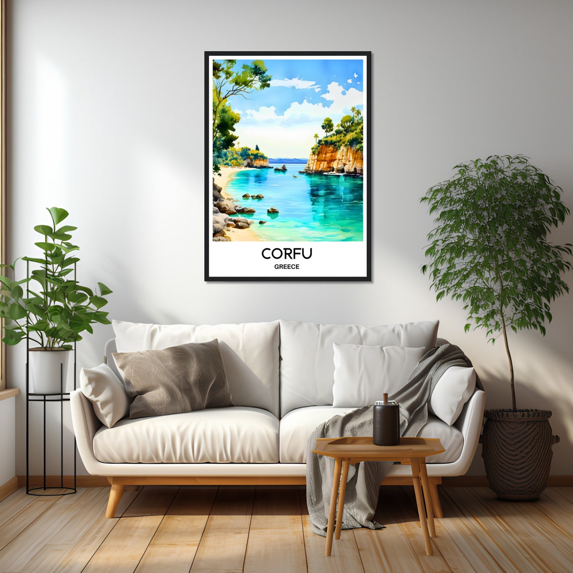 Corfu Greece Watercolor Travel Poster With Turquoise Bay And Cliffs - Image 2