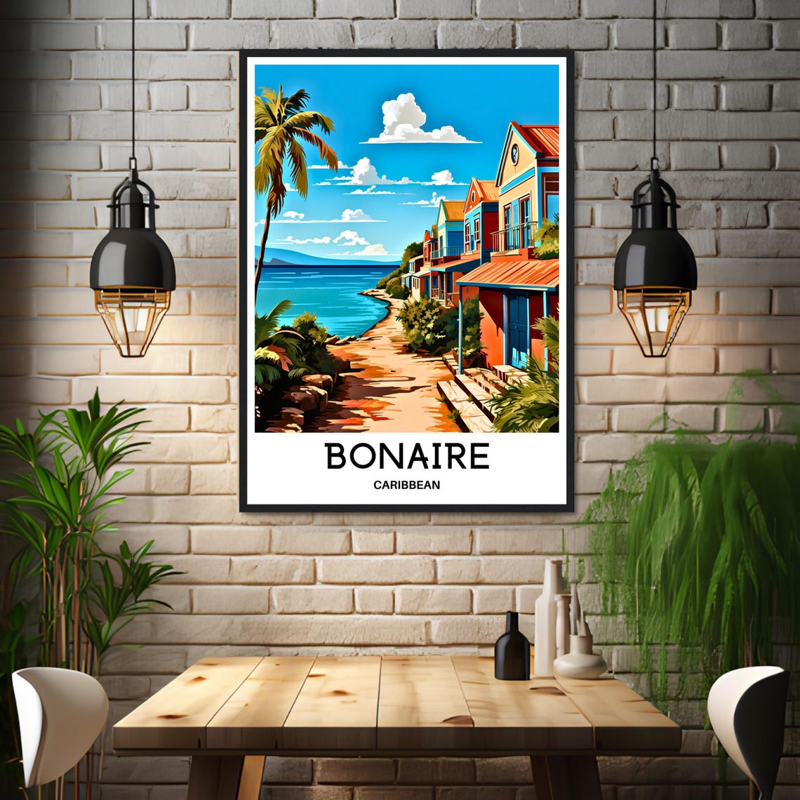 Bonaire Colorful Shorefront Houses Palm Trees Caribbean Poster - Image 3