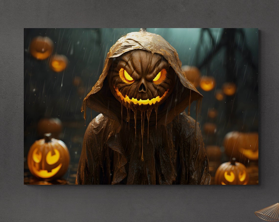 Scary Pumpkin Head Monster In Rain With Glowing Jack O Lanterns Print - Image 3