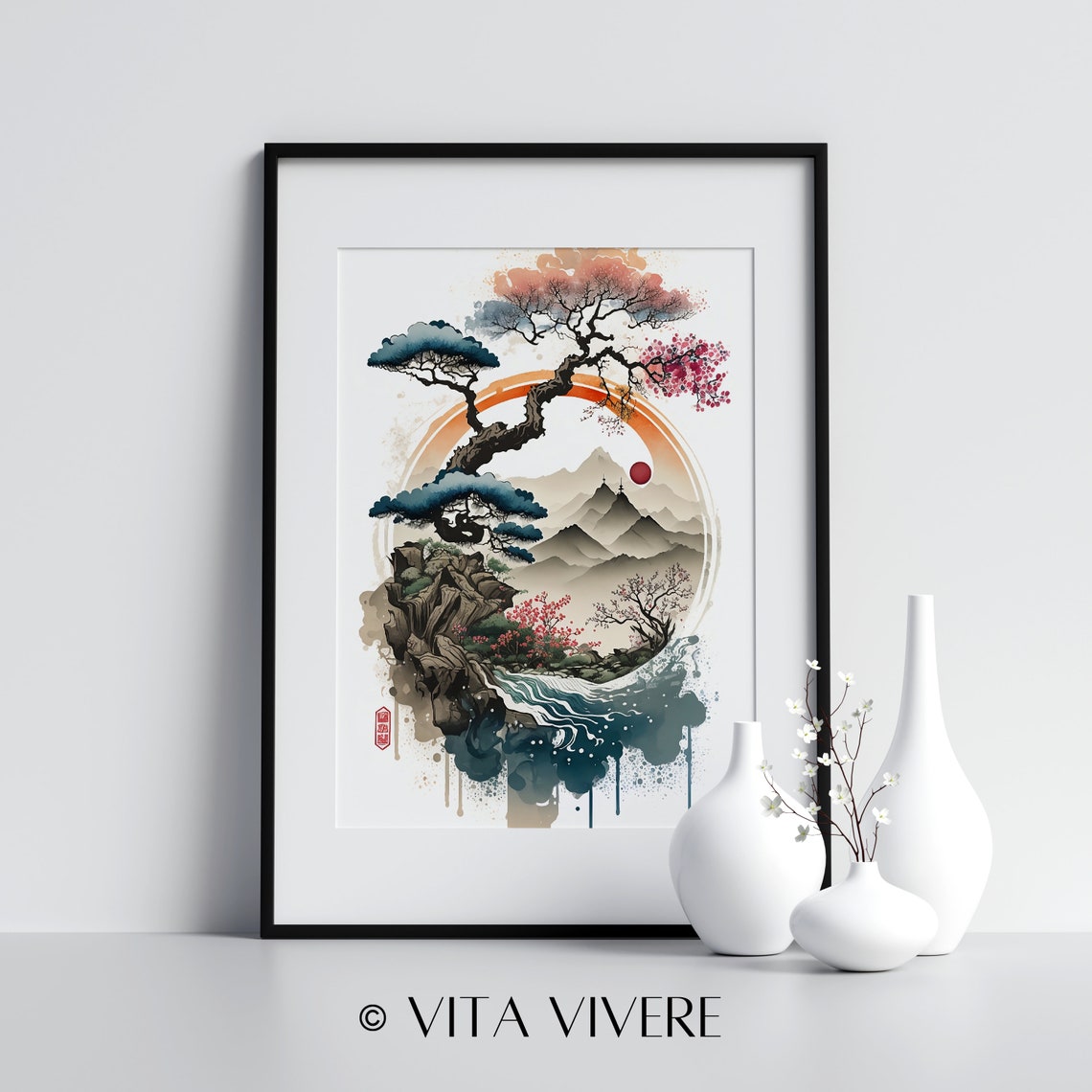 Japanese Watercolor Pine Mountain Enso Circle Lake Landscape Wall Art - Image 3
