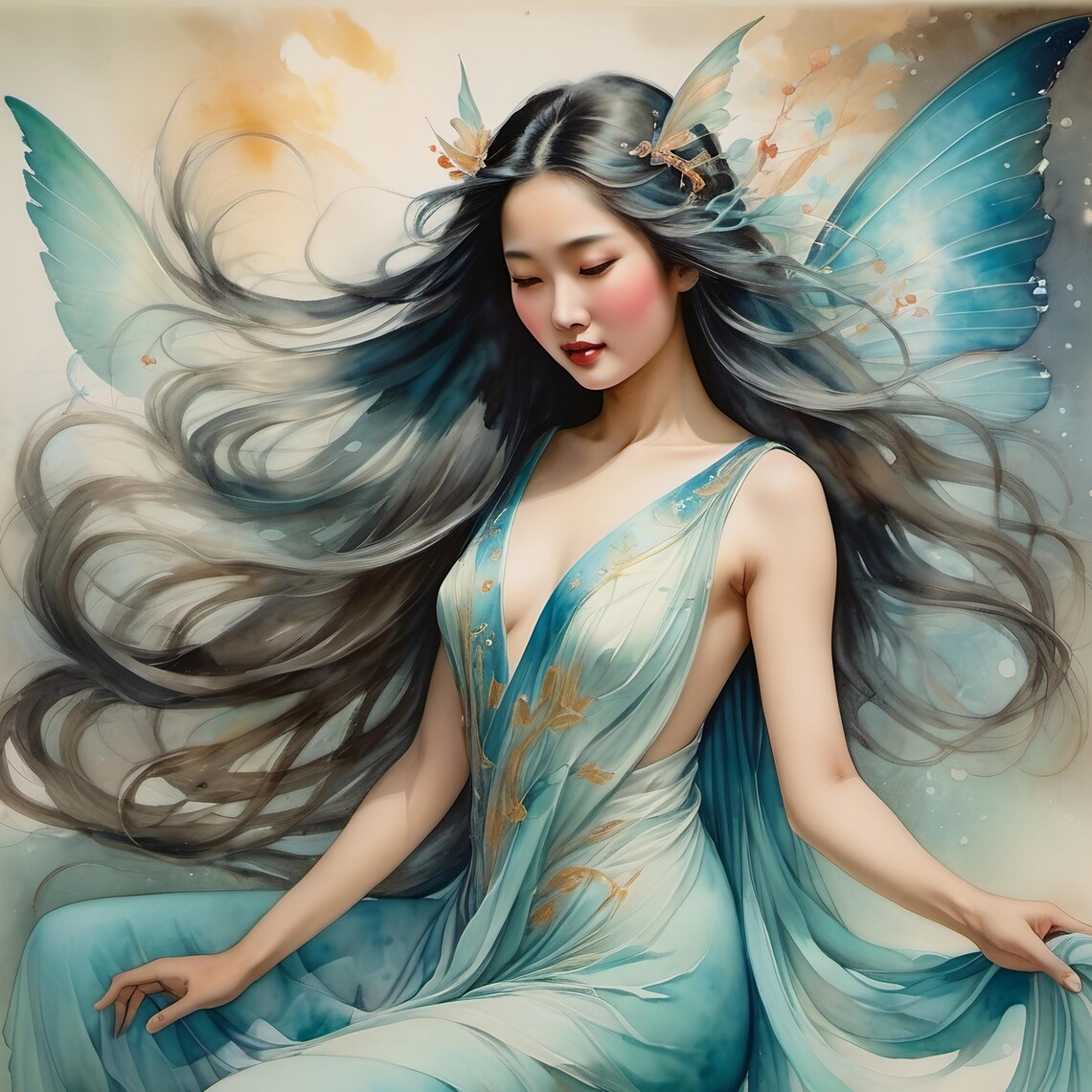 Teal Butterfly Fairy Flowing Hair Ethereal Watercolor Fantasy Poster