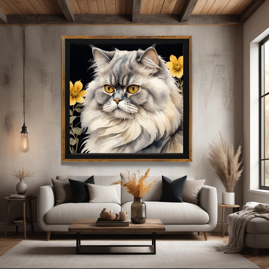Regal Elegant Gray Longhair Cat Golden Eyes Yellow Floral Art Print - Image 3