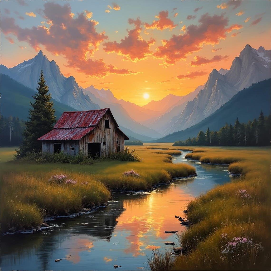 Rustic Barn by a Winding River at Golden Mountain Sunset Poster