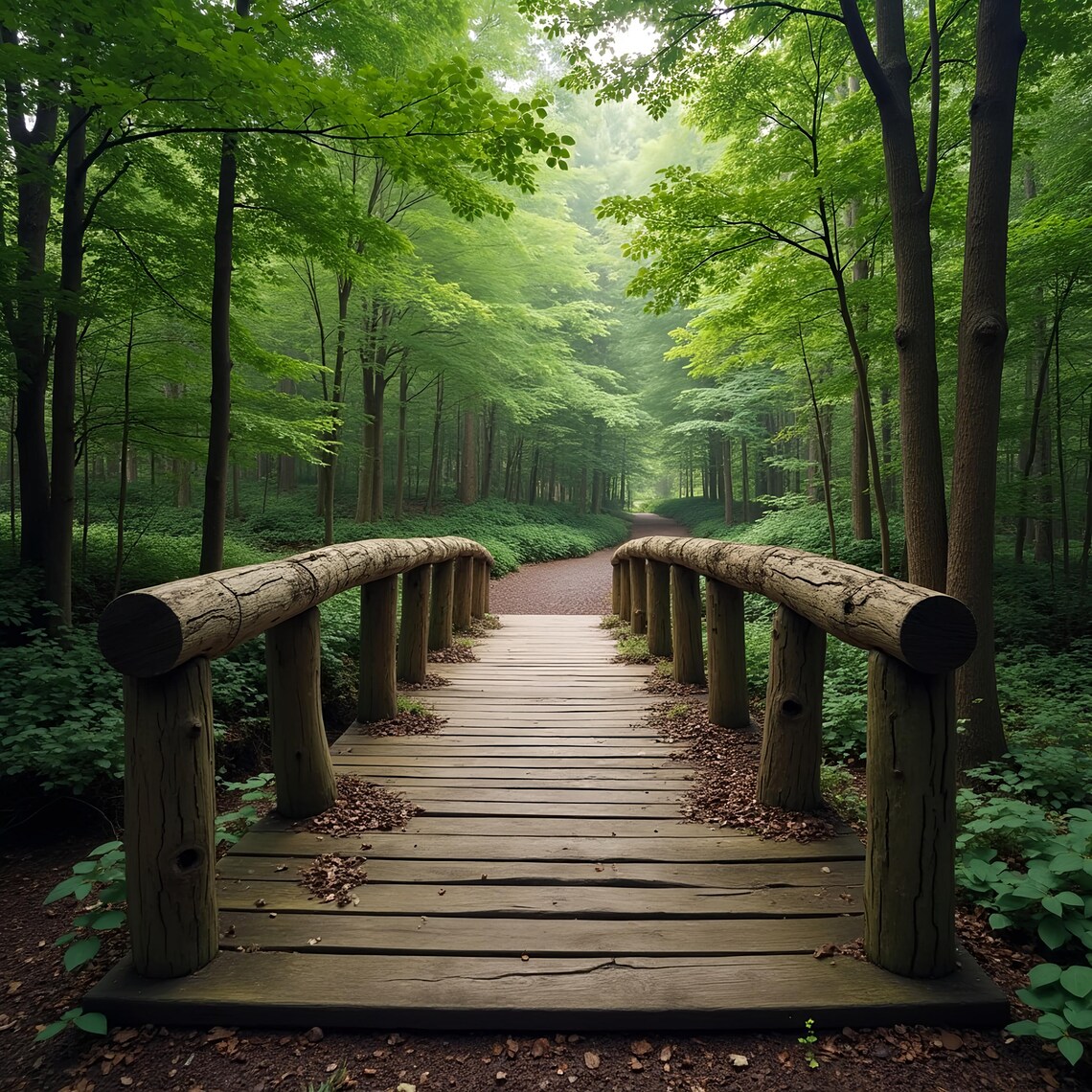 Serene Log Bridge Forest, Rustic Nature Art Print