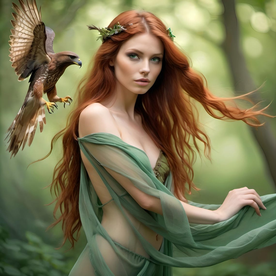Auburn Fairy Woman with Hawk Ethereal Forest Fantasy Art Print