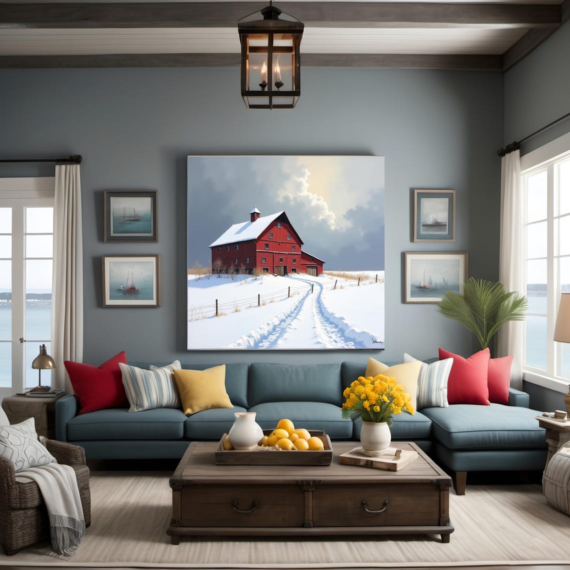 Red Barn In Snowy Field With Wagon Tracks Under Dramatic Sky Poster - Image 2