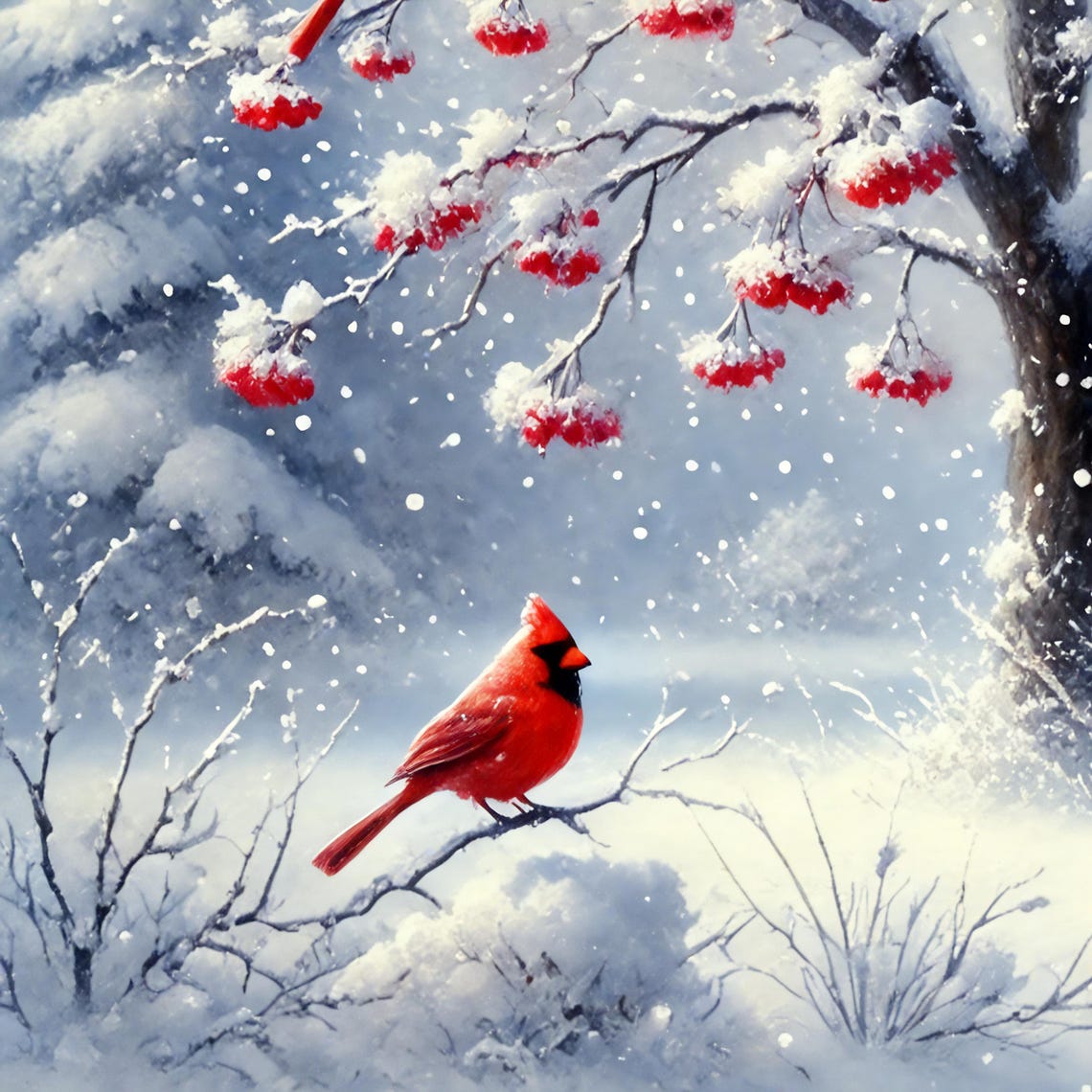 Red Cardinal on Snowy Branch Winter Berries Nature Art Print