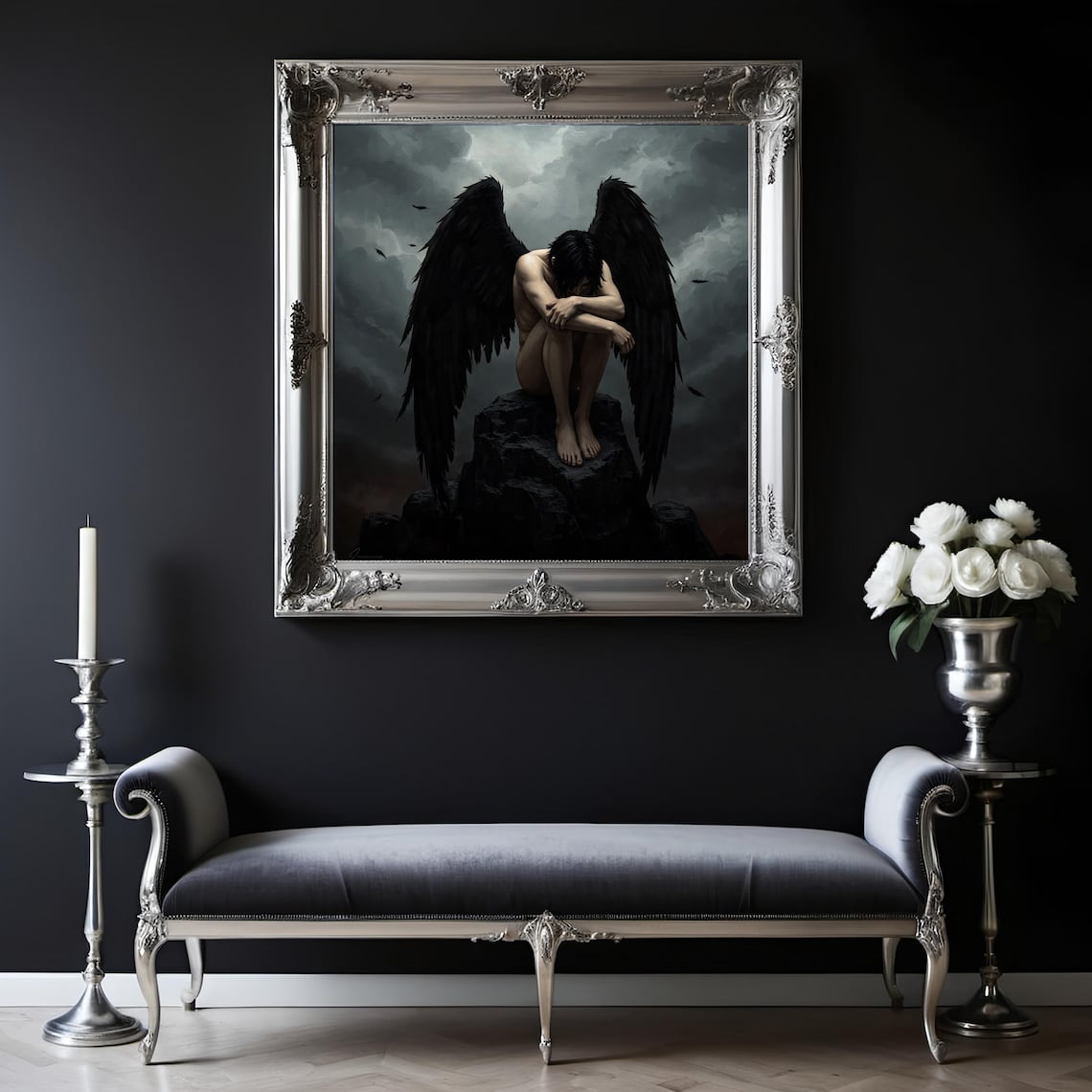 Dark Fallen Angel Black Wings Stormy Sky Melancholic Gothic Fantasy Poster - Image 2