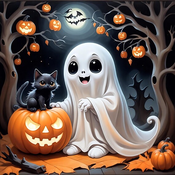 Cute Halloween Ghost With Black Kitten And Jack O Lanterns Night Poster