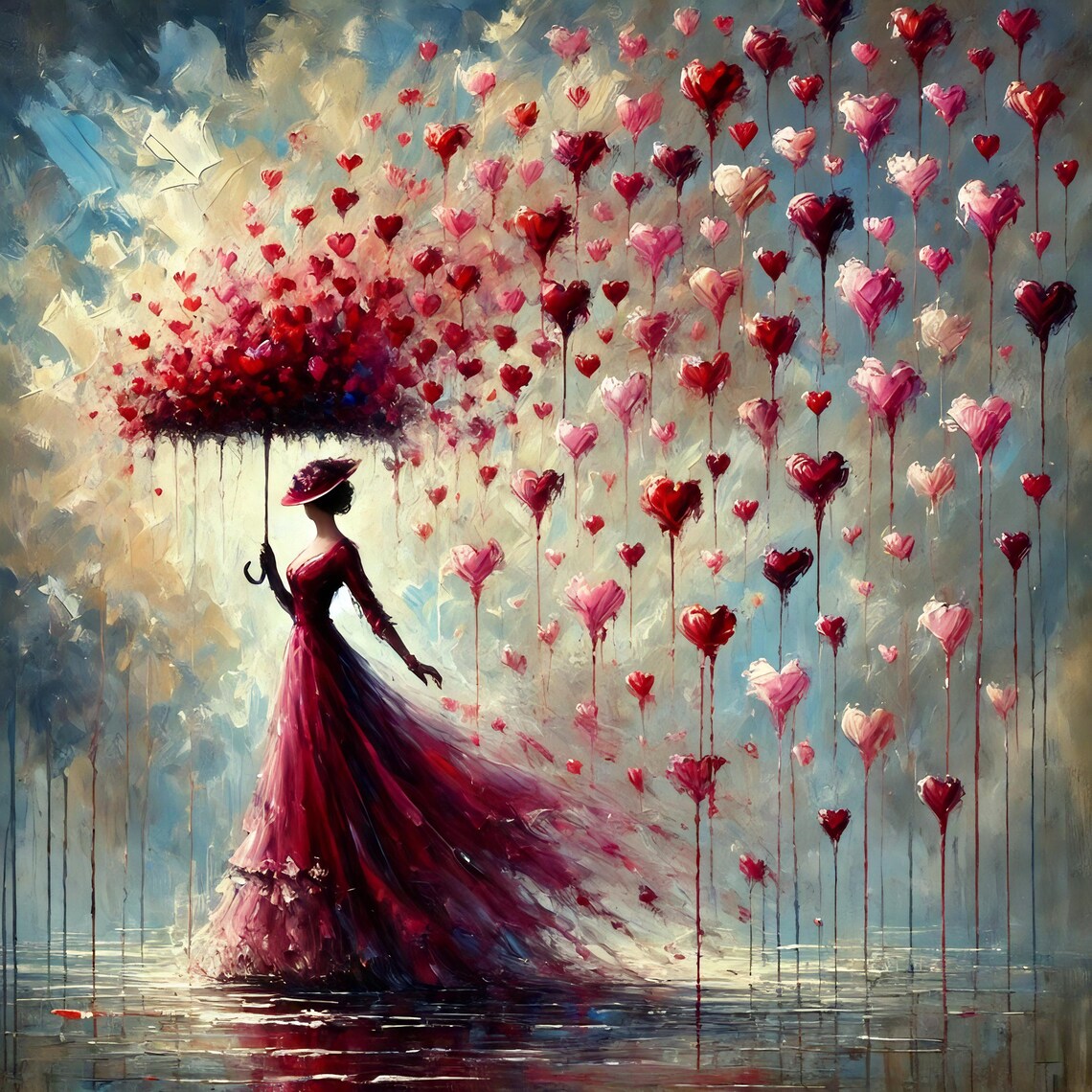 Vintage Valentine Woman With Umbrella, Impressionist Art Print