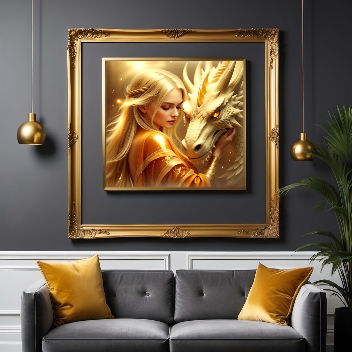 Golden Sorceress And White Gold Dragon Warm Glow Fantasy Art Poster - Image 3