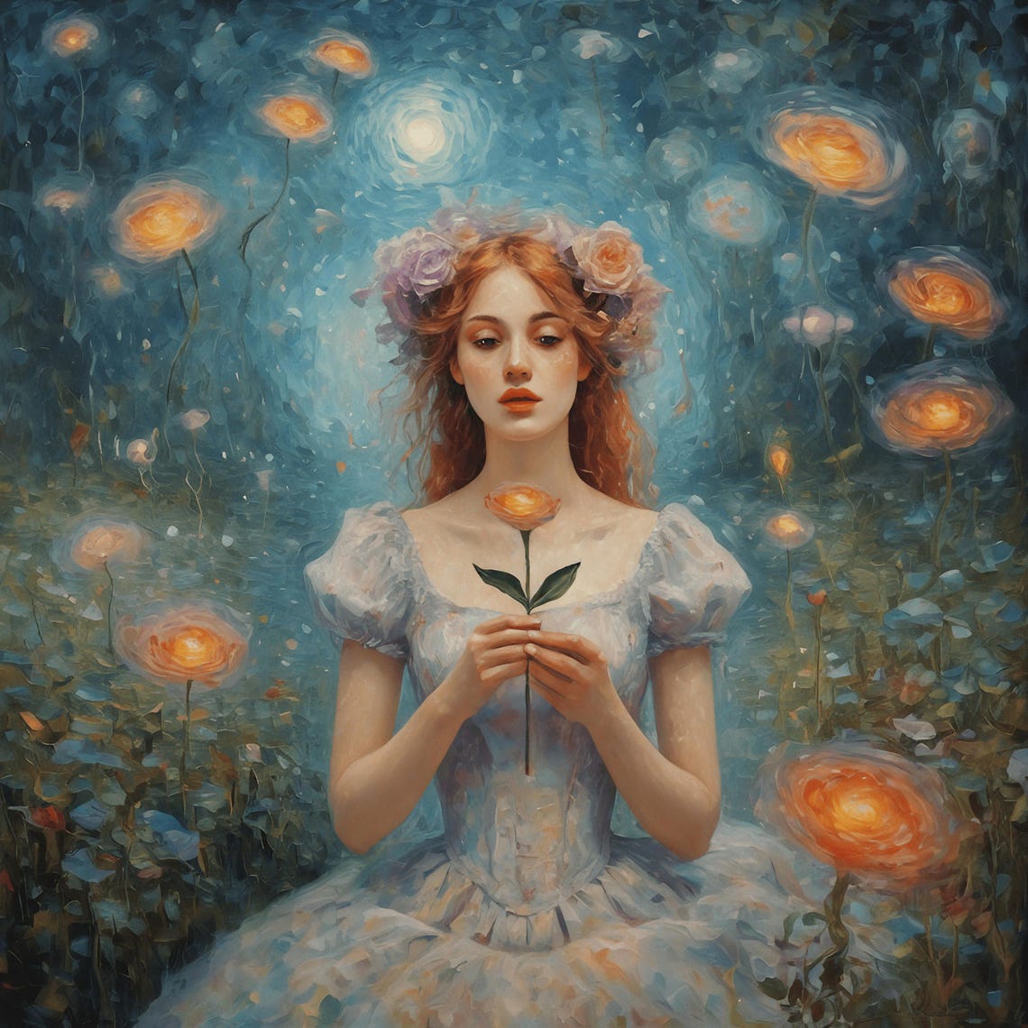 Impressionist Redhead Woman Rose Dreamy Blue Garden Art Print