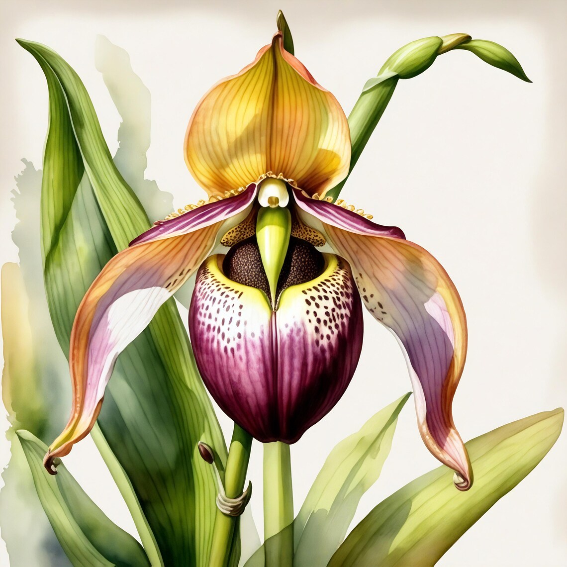 Lady Slipper Orchid Watercolor Botanical Art Print