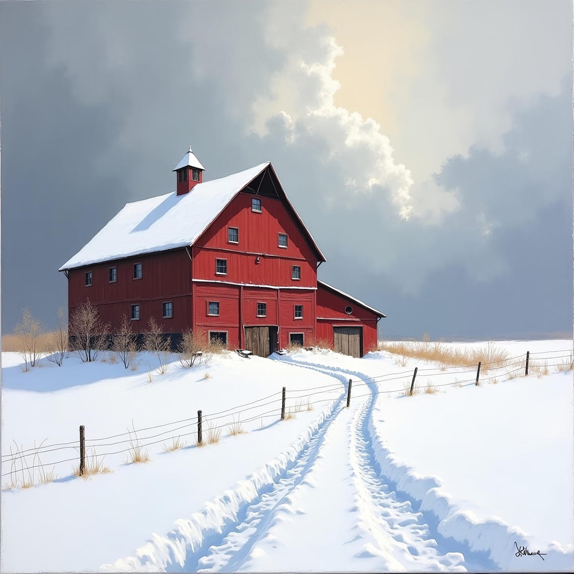 Red Barn In Snowy Field With Wagon Tracks Under Dramatic Sky Poster