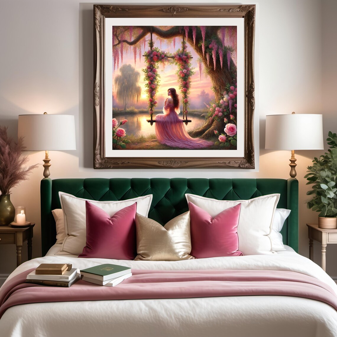 Woman in Pink Gown on Rose Covered Swing at Sunset Garden Print - Image 3