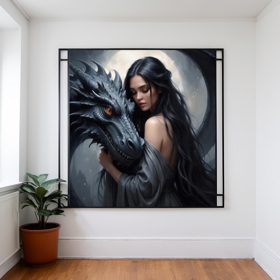 Moonlit Woman Embracing Black Dragon Full Moon Dark Fantasy Art Poster - Image 2