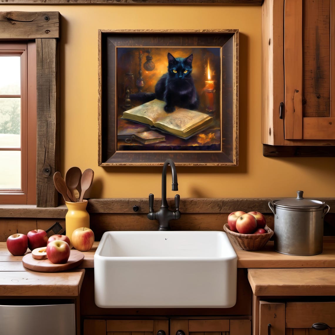 Black Cat Open Spell Book Candlelit Cozy Witchy Halloween Poster - Image 2