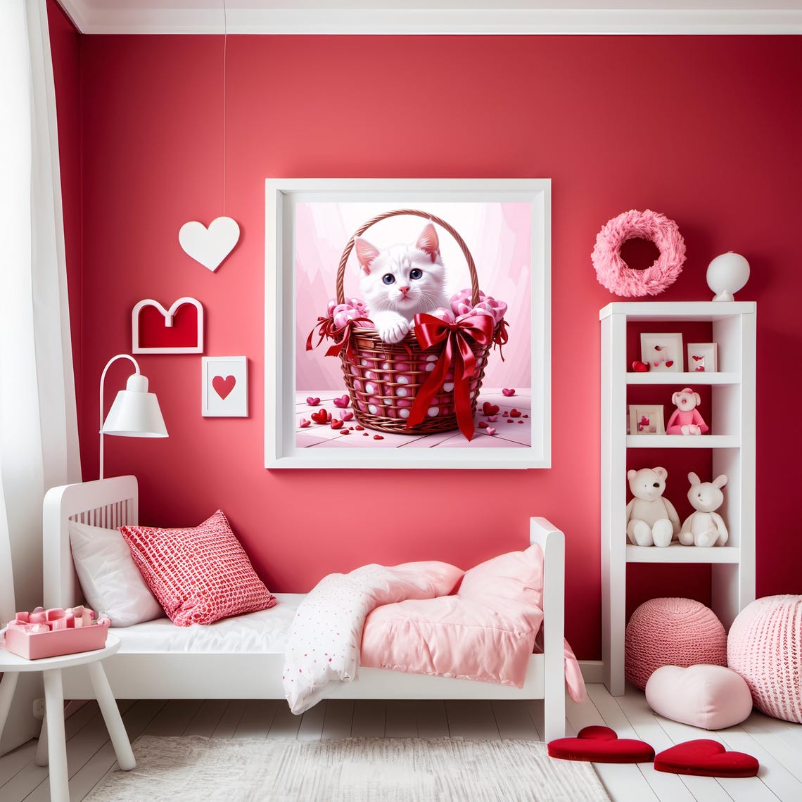 Cute White Kitten in Valentine Gift Basket with Hearts Wall Art - Image 2