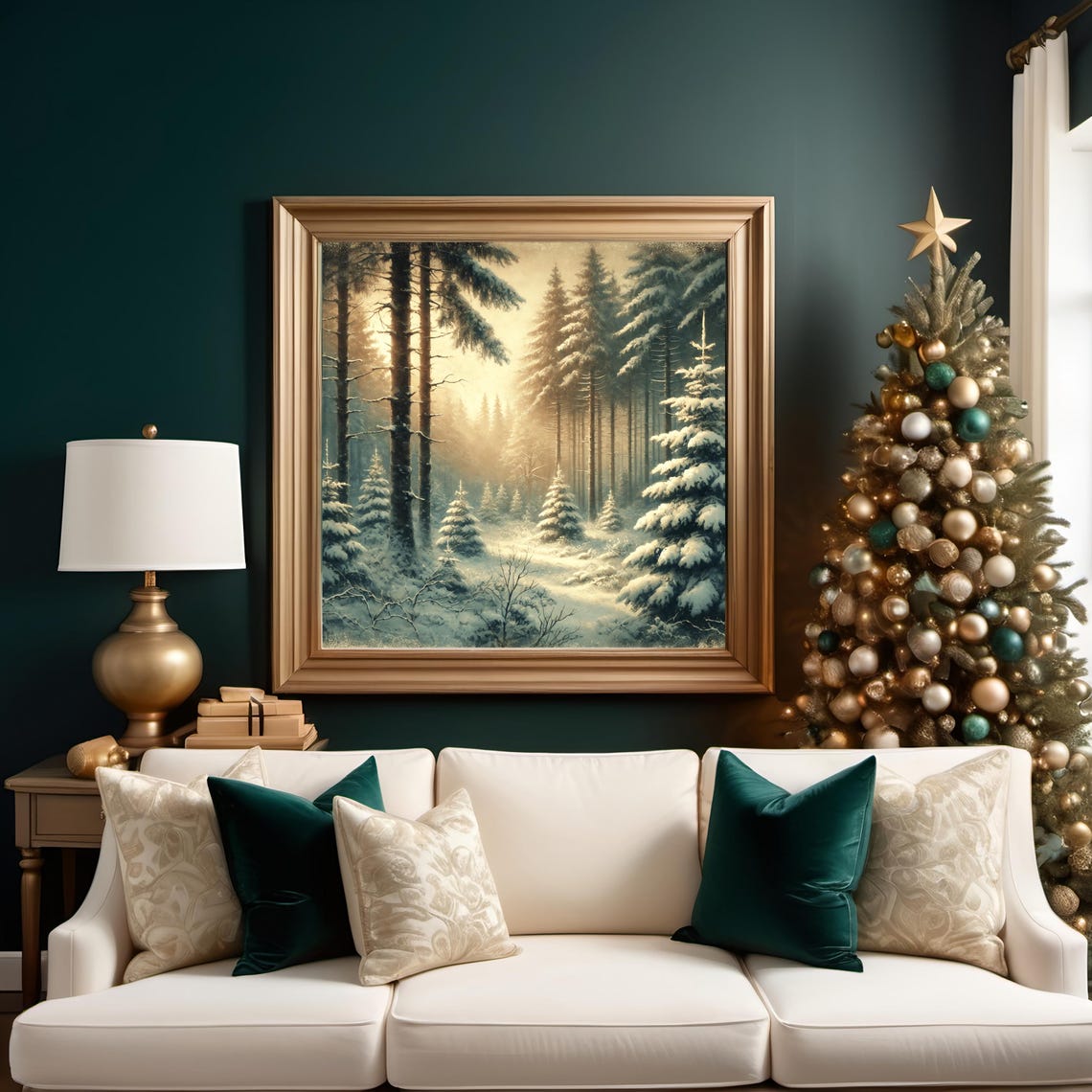 Sunlit Snowy Pine Forest Path Golden Glow Vintage Winter Poster - Image 3