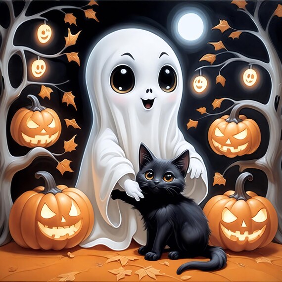 Happy Ghost With Black Cat And Jack O Lanterns On Halloween Night Poster