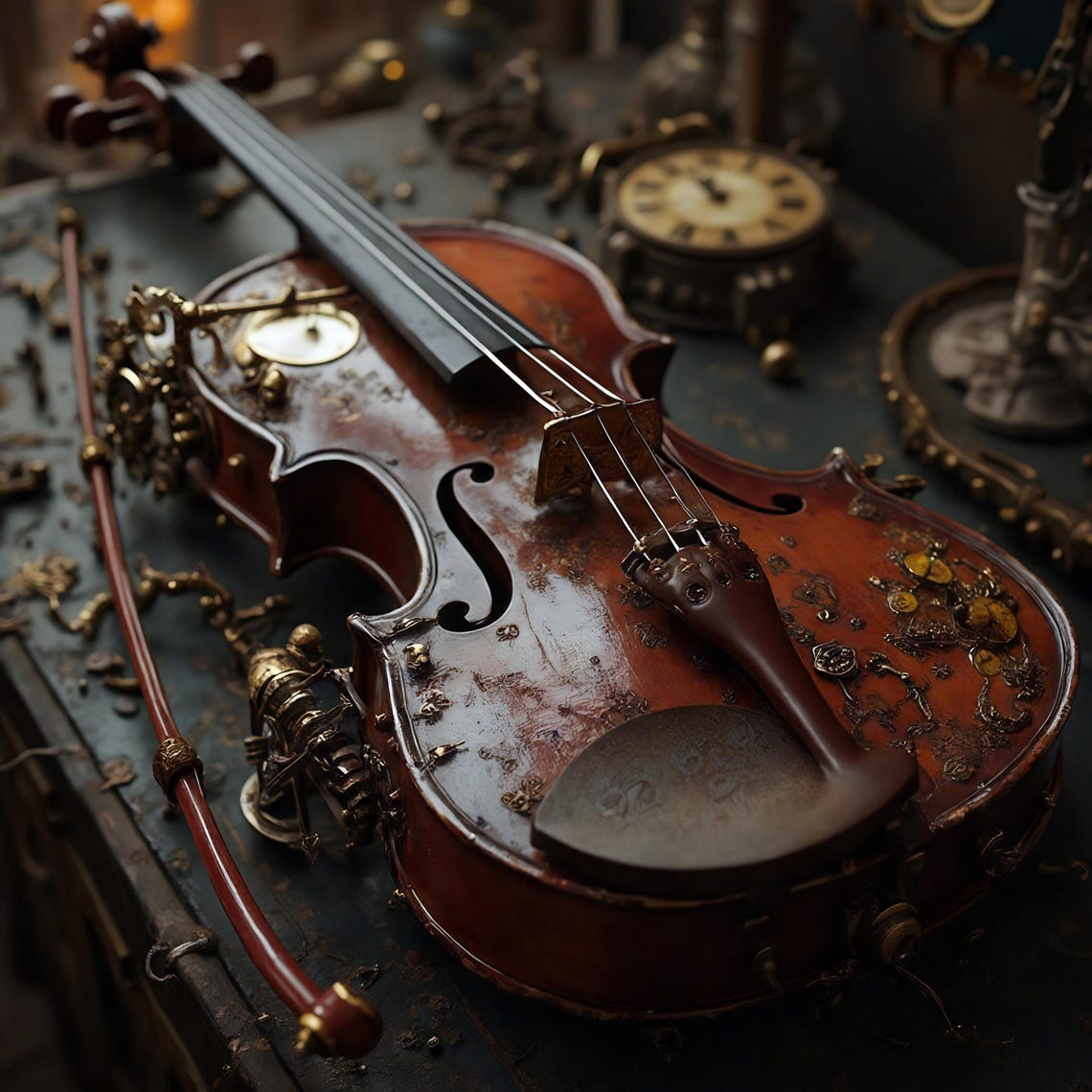 Steampunk Violin with Brass Gears and Clockwork Details Decor Poster