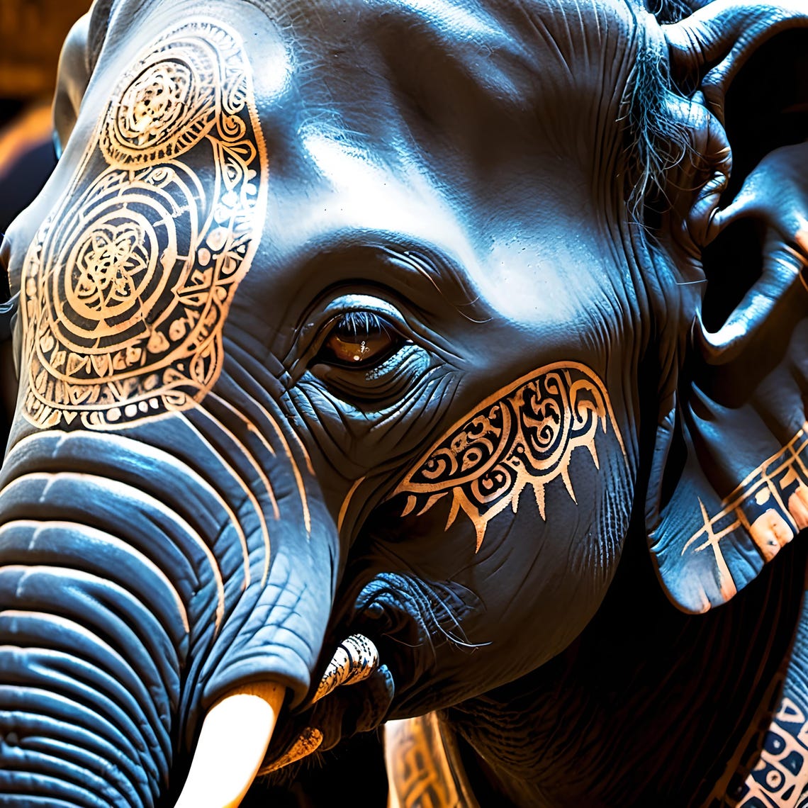 Elephant Close Up Golden Tattoo Pattern Dark Moody Animal Poster