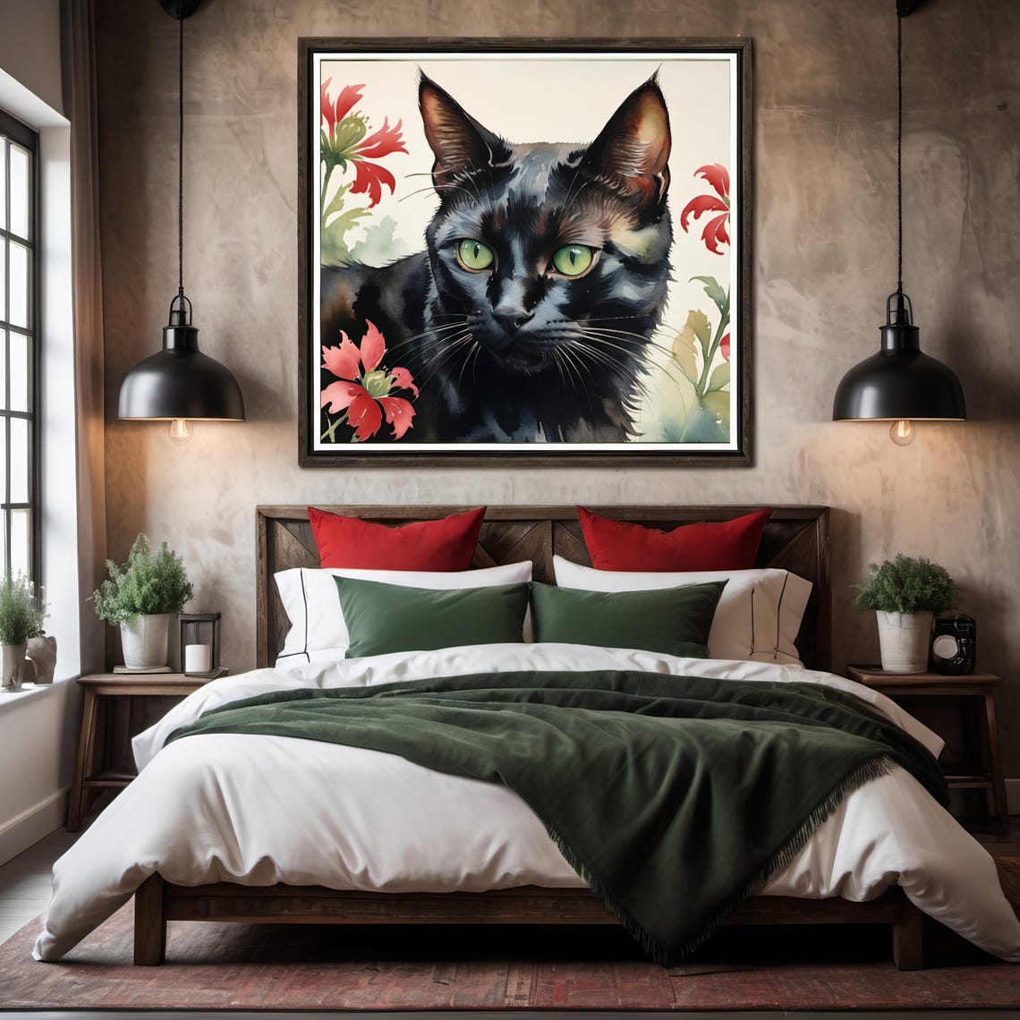Black Cat Striking Green Eyes Red Blossom Watercolor Art Print - Image 2