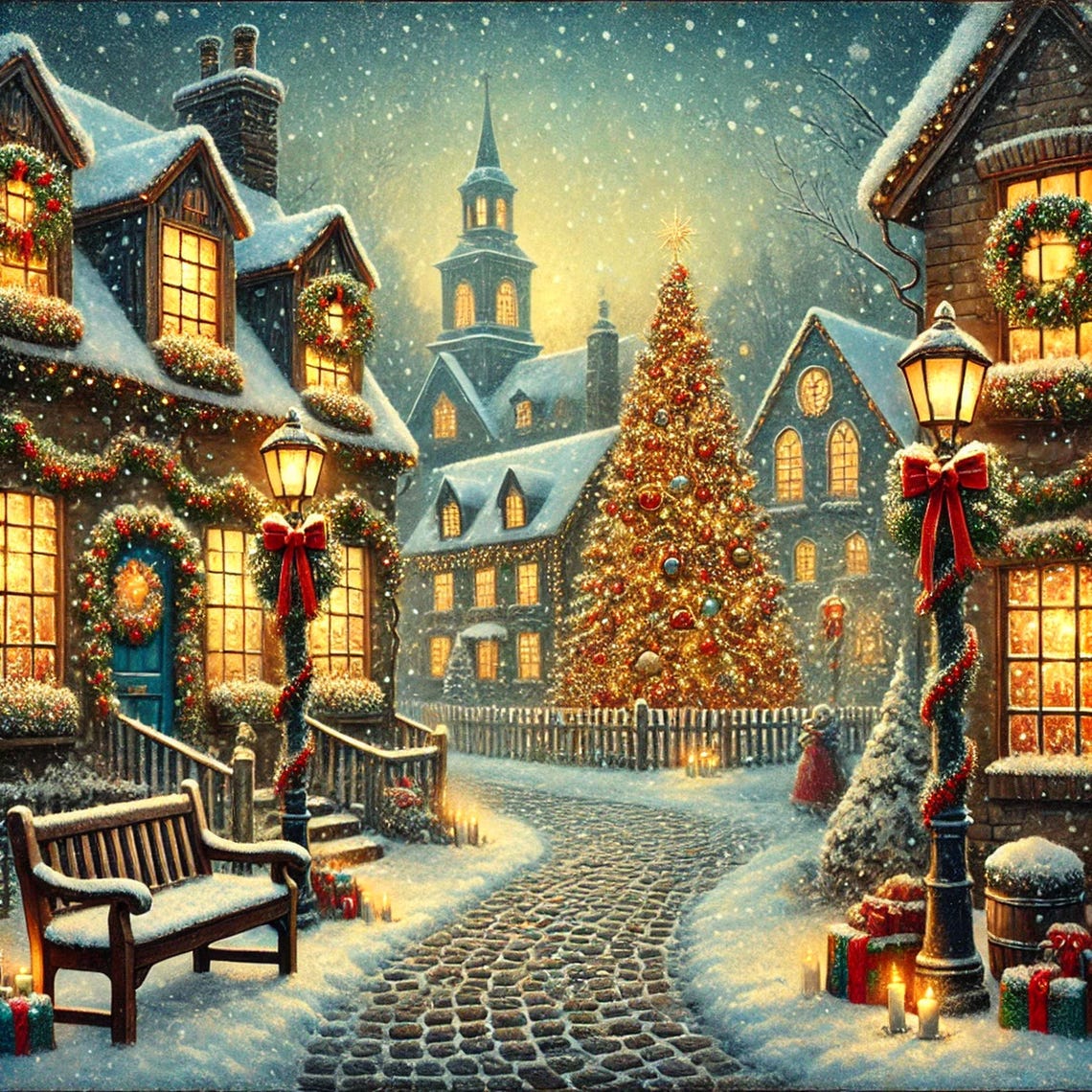Snowy Christmas Town Square Dusk Church Lampposts Nostalgic Poster