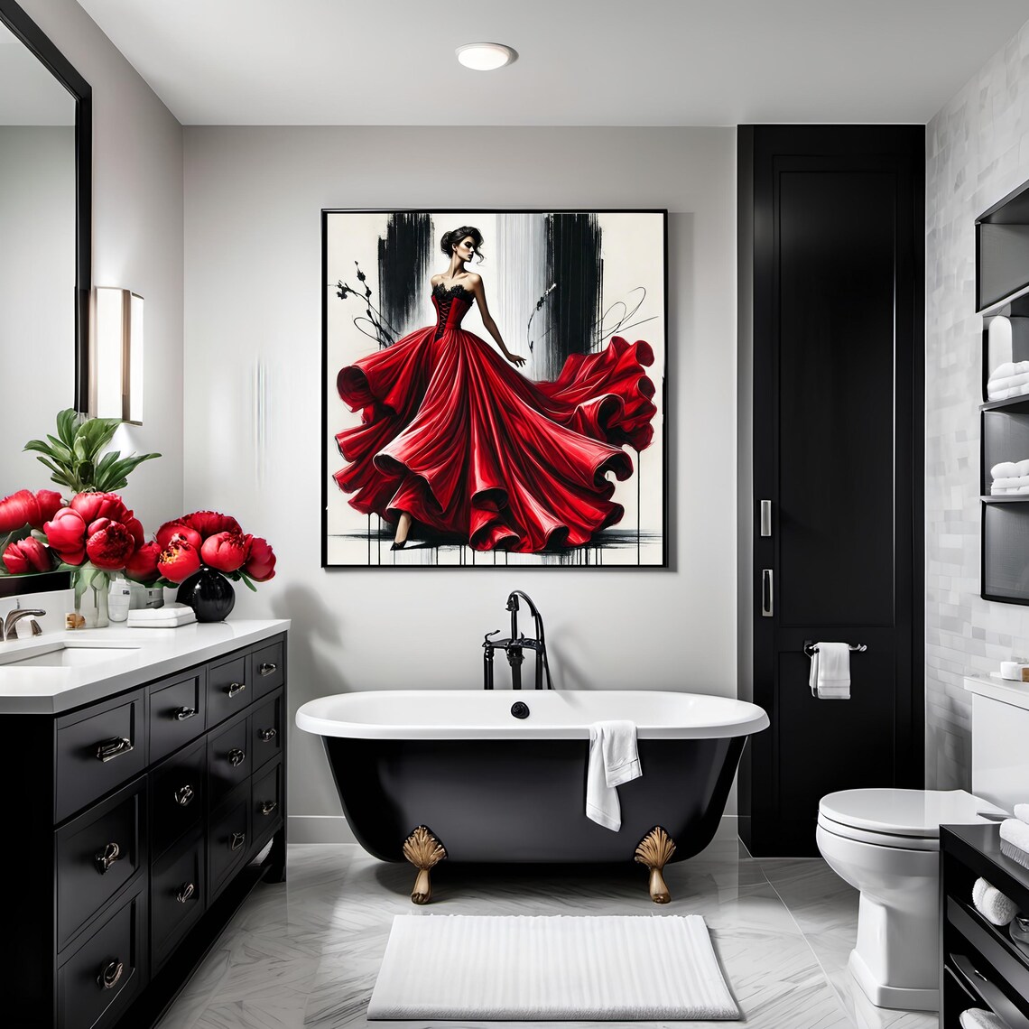 Flowing Red Satin Gown Haute Couture Fashion Illustration Poster - Image 2