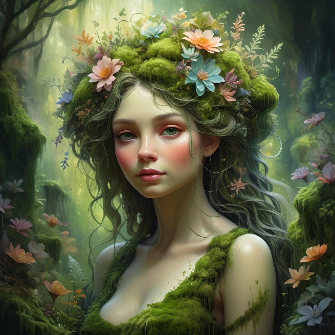 Enchanted Forest Goddess Moss Flower Crown Fantasy Nature Art Poster