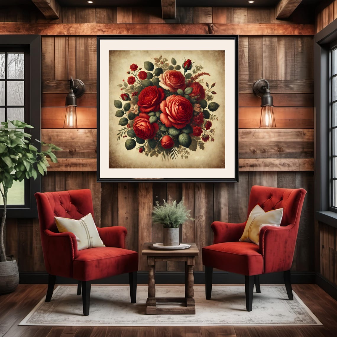 Bold Red And Coral Rose Bouquet Antique Botanical Vintage Poster - Image 2