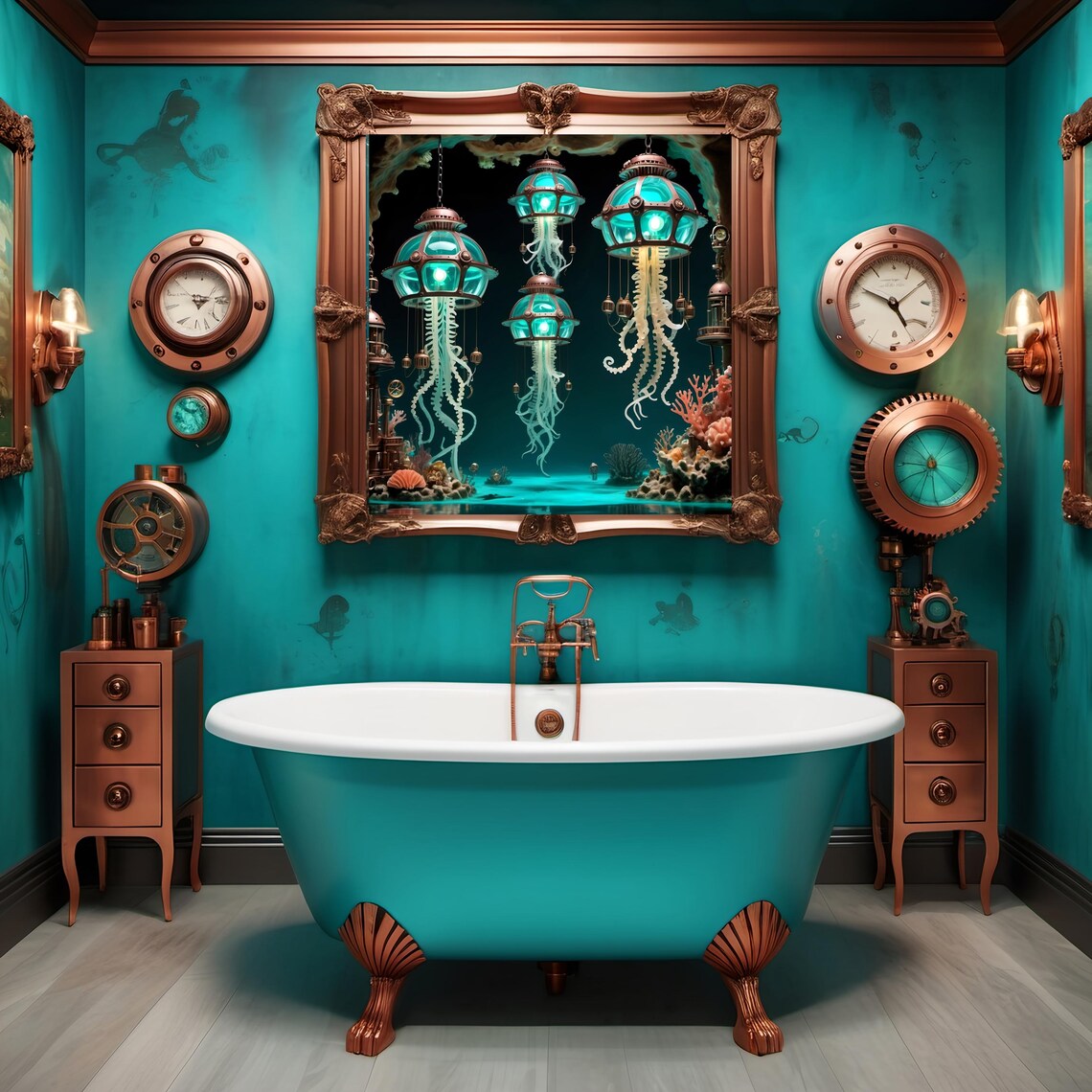 Steampunk Jellyfish Lantern Print Nautical Fantasy Wall Art Turquoise And Bronze Sci Fi Artwork For Steampunk Lover Gift Idea - Image 2