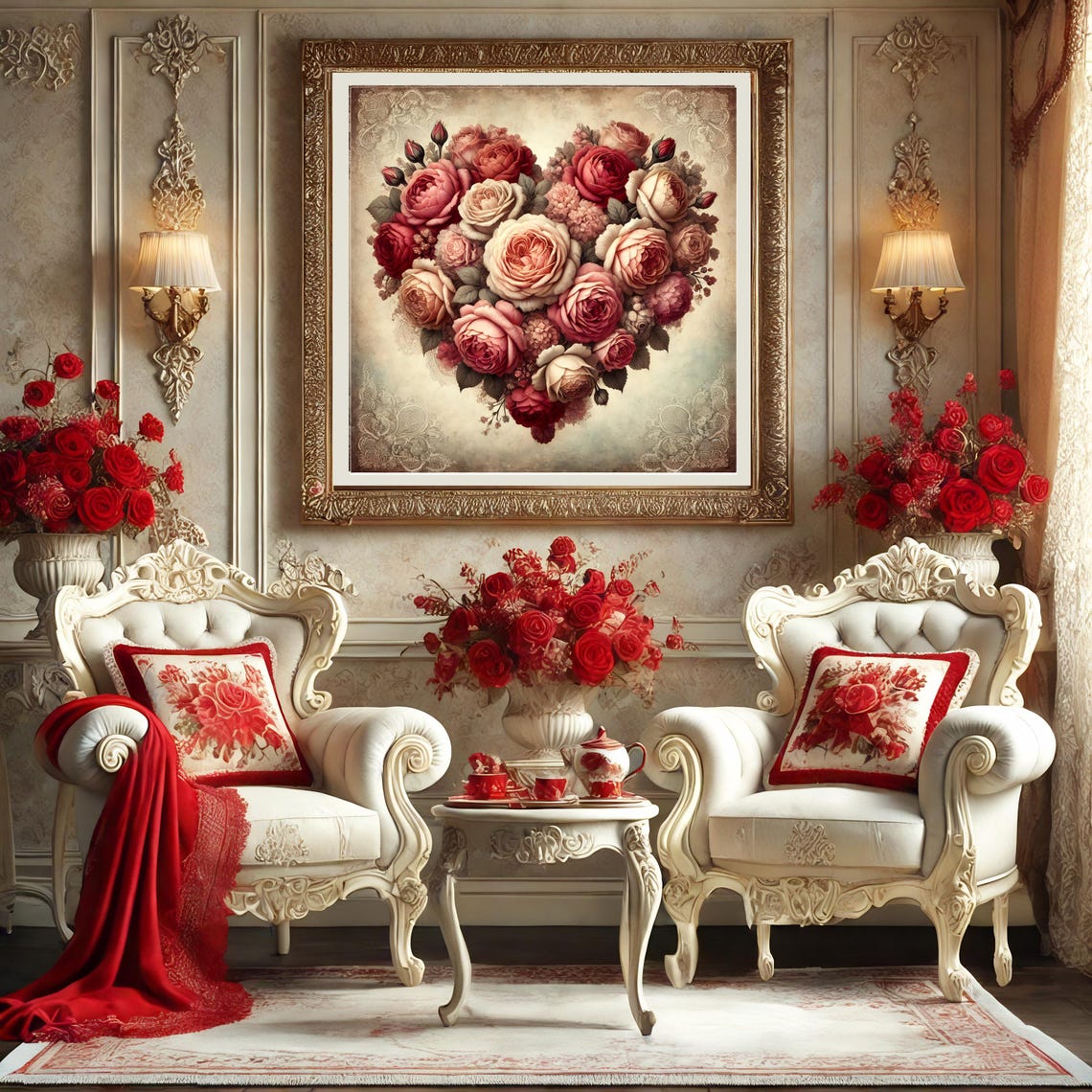 Romantic Vintage Rose Heart Bouquet Floral Valentine Wall Art - Image 3