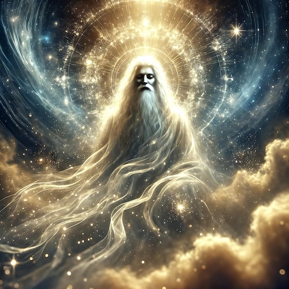 Celestial Cosmic Deity Golden Halo Mystical Universe Guardian Fantasy Poster