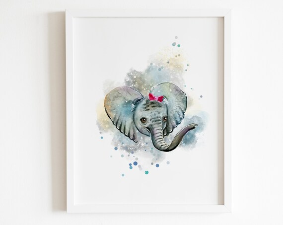 Baby Elephant Watercolor Pink Bow Framed Cute Nursery Animal Wall Art