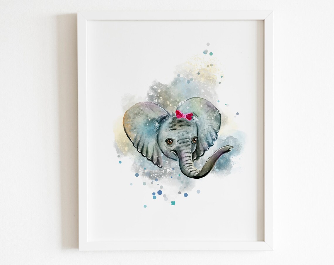 Baby Elephant Watercolor Pink Bow Framed Cute Nursery Animal Wall Art