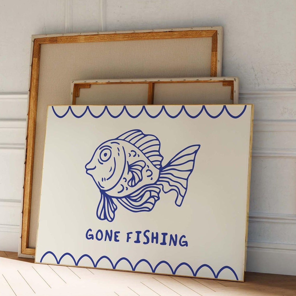 Gone Fishing Cute Blue Fish Doodle Beach Coastal Wall Poster