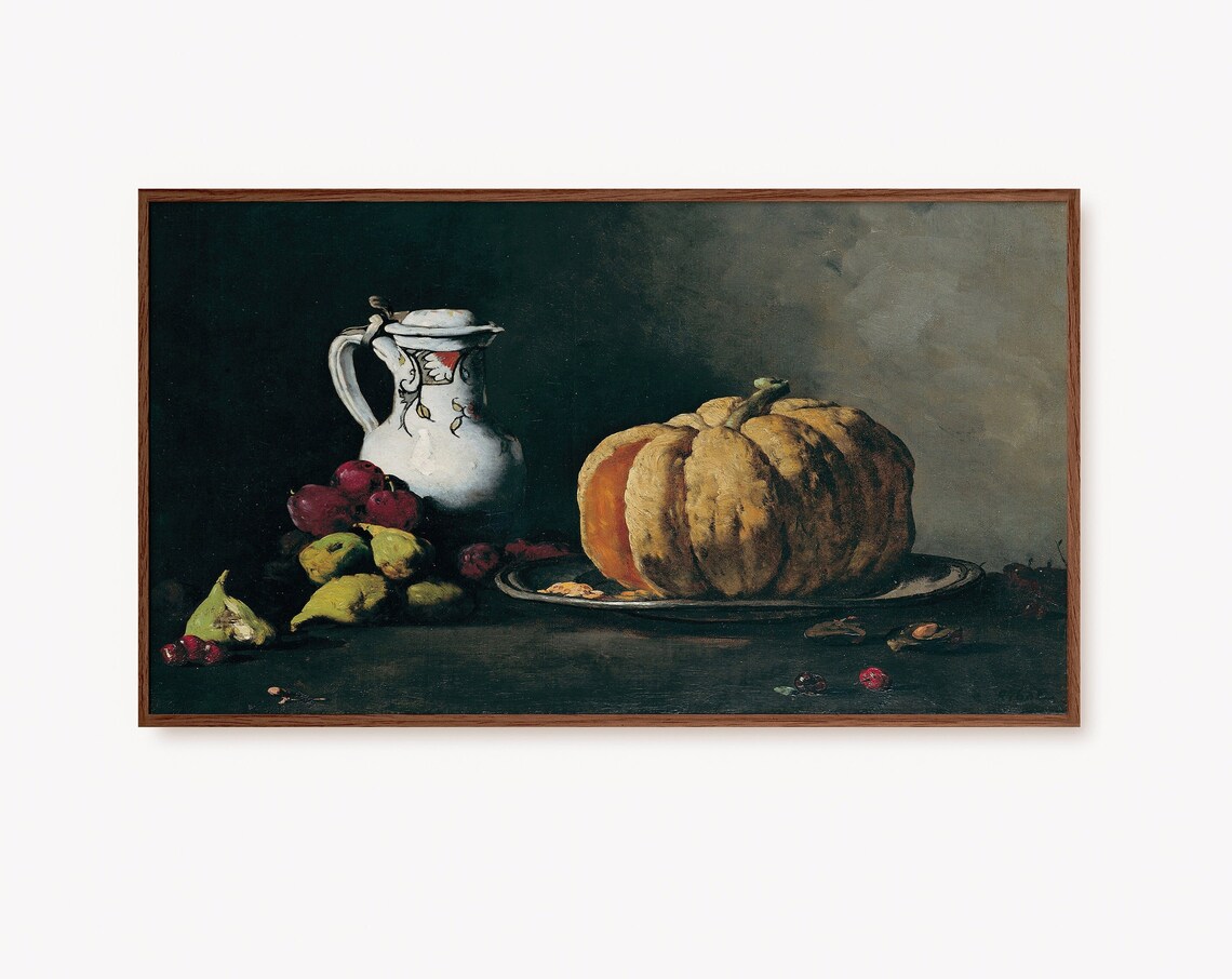 Dark Moody Still Life with Pumpkin and Pitcher Painting Poster