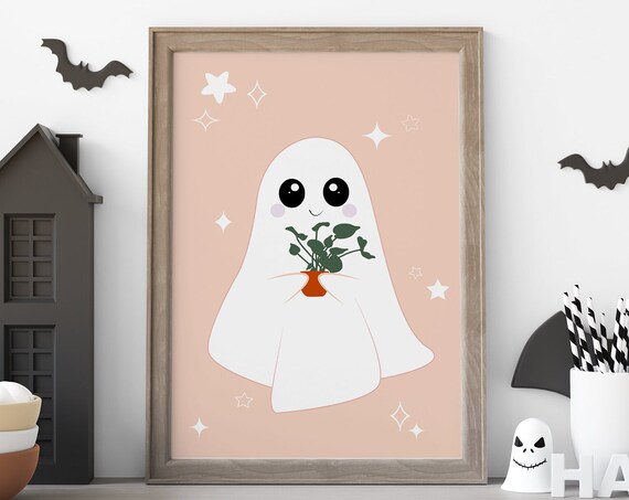 Cute Halloween Ghost Holding a Potted Plant in Pastel Poster