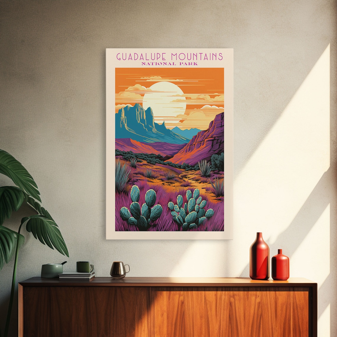Guadalupe Mountains National Park Desert Cactus Sunset Travel Poster
