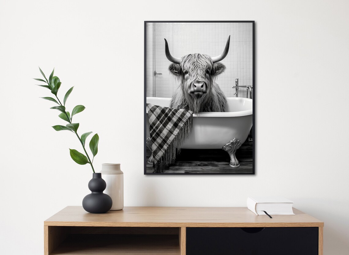 Highland Cow In Bath Art Print, Bathroom Decor