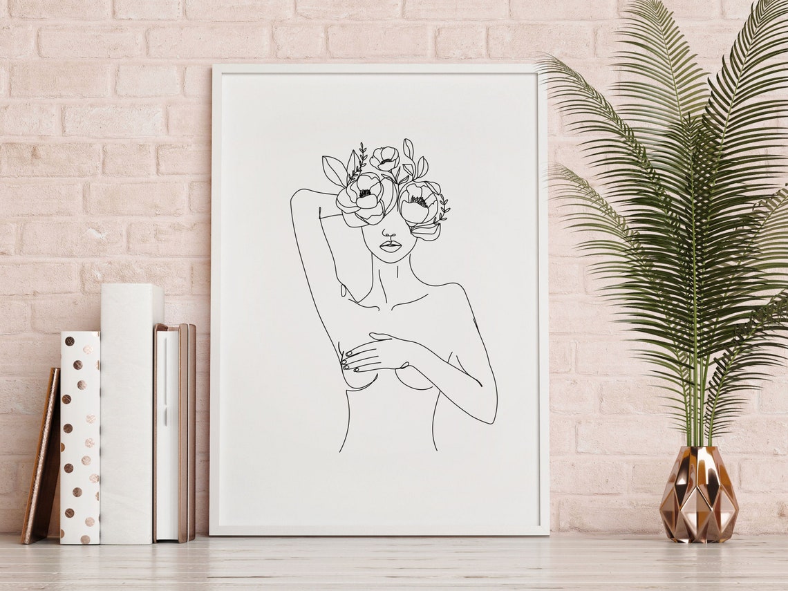 Woman Floral Crown Minimalist Line Art Feminine Figure Wall Art