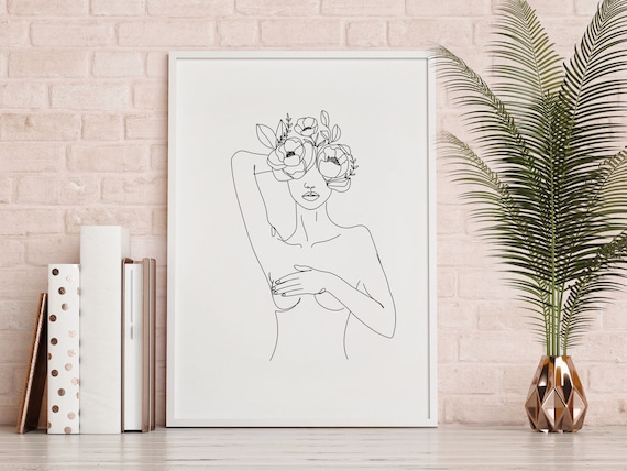 Woman Floral Crown Minimalist Line Art Feminine Figure Wall Art