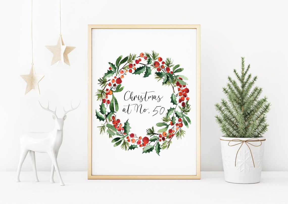 Christmas At No 50 Personalised Watercolor Berry Wreath Wall Art
