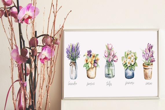 Watercolor Spring Flowers in Five Labeled Glass Jars Botanical Print