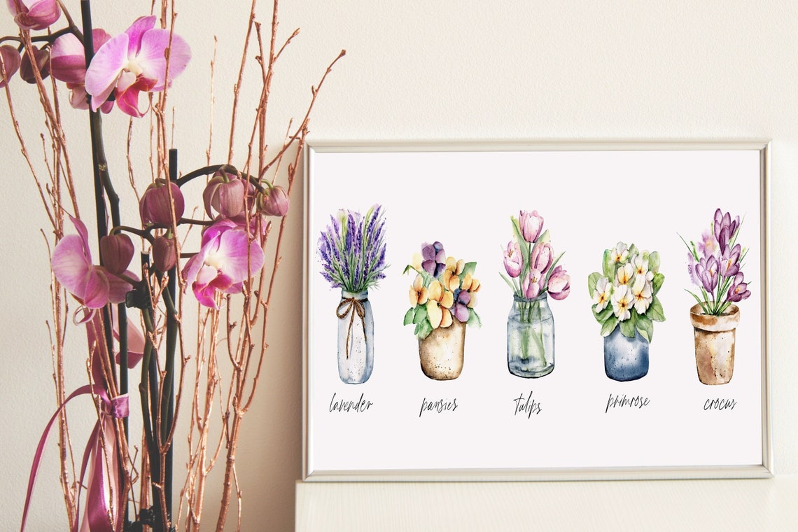 Watercolor Spring Flowers in Five Labeled Glass Jars Botanical Print