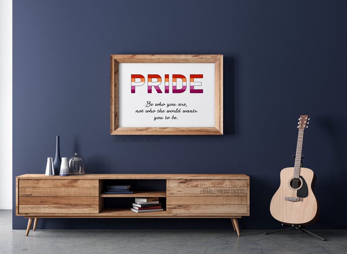 Lesbian Pride Sunset Flag Be Who You Are Quote Poster in Orange Pink - Image 2