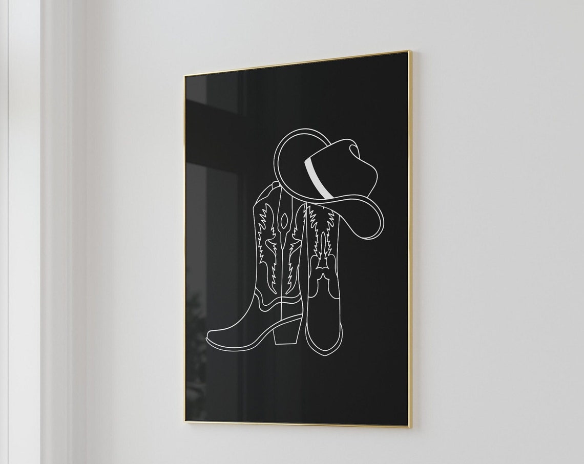 White Line Art Cowboy Boots and Hat on Black Minimalist Poster