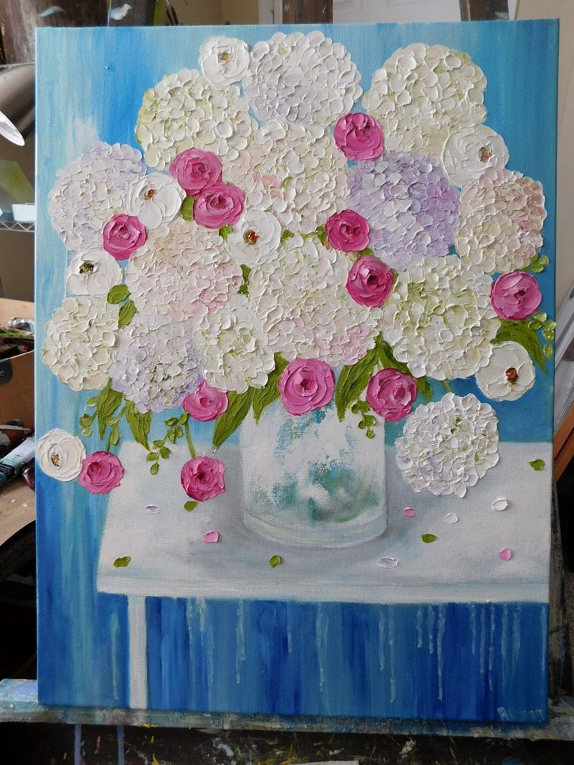 White Hydrangea and Pink Rose Bouquet Painting on Blue Art Poster - Image 4