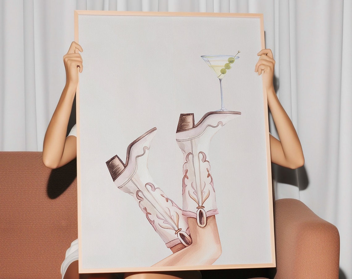 White Cowboy Boots With Martini Glass Watercolor Cocktail Bar Poster